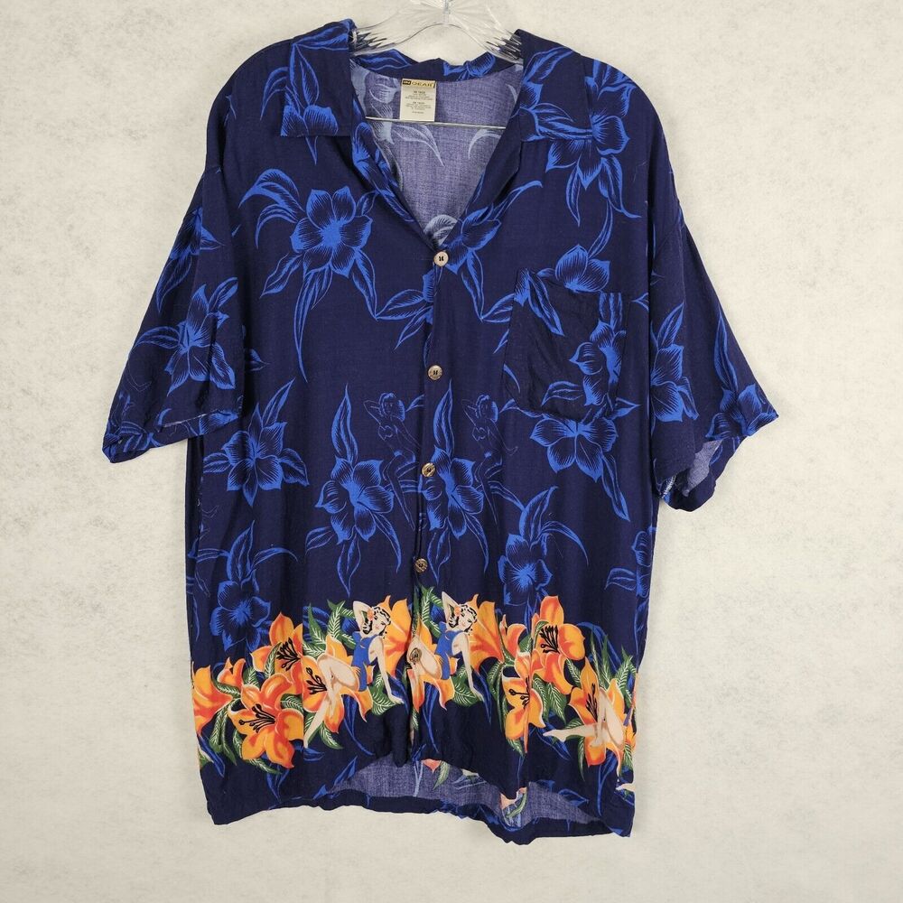 InGear Men's Blue Tropical Hawaiian Floral Hula Girl Button Down Shirt‎ 2x 18/20